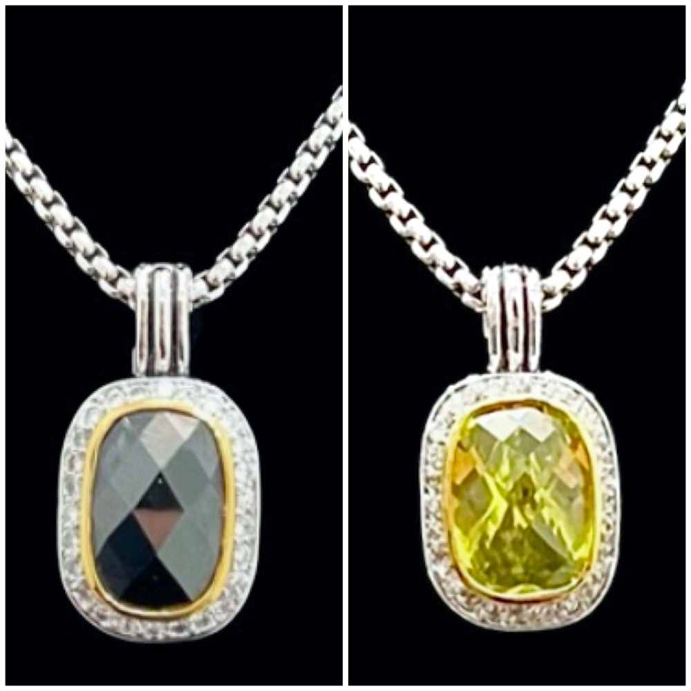 SILVER TONE BOX CHAIN W 2 PENDANTS - FACETED BLACK & YELLOW WITH CRYSTAL BEZELS